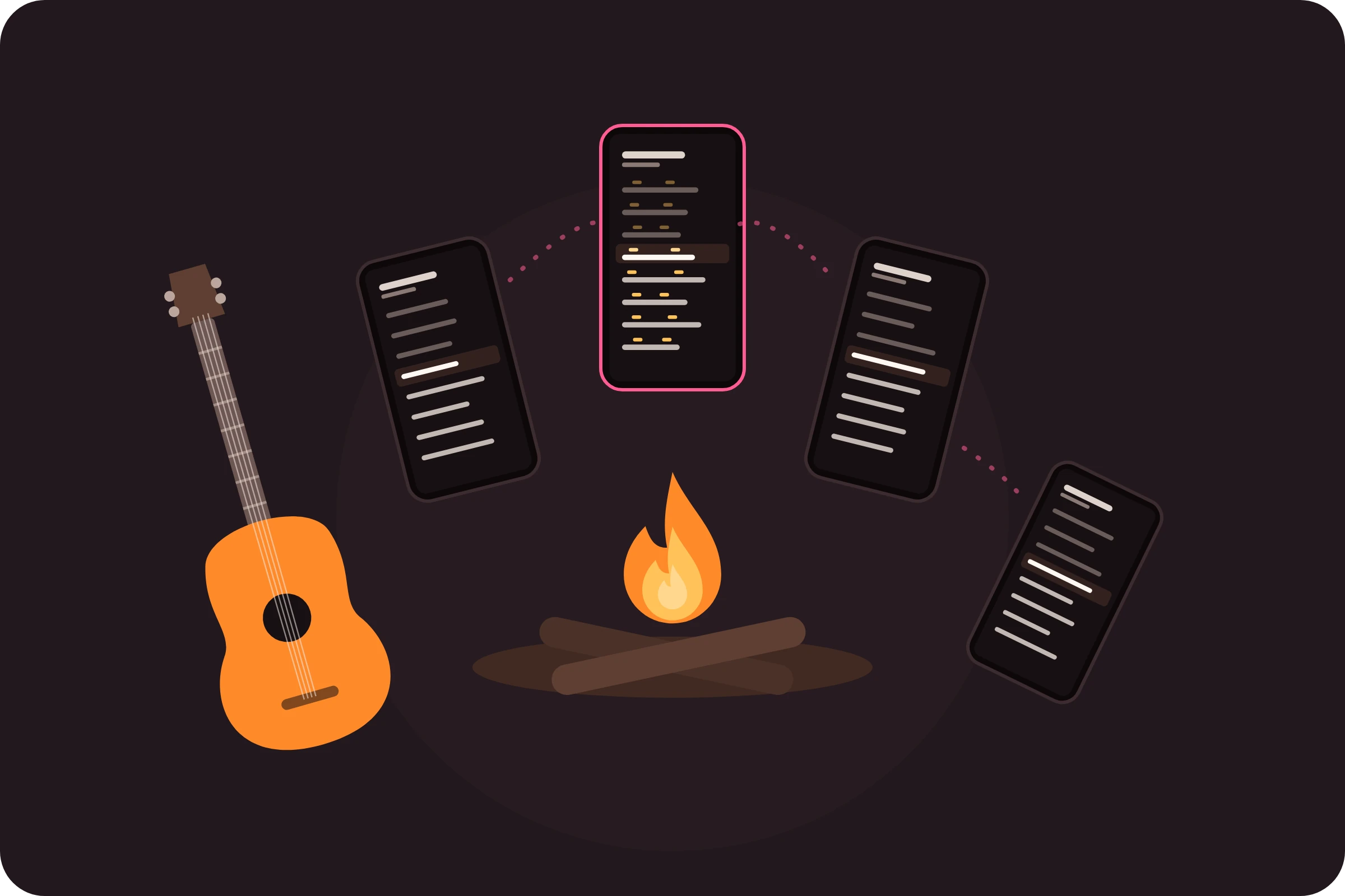 Handys von Freunden rund um ein Lagerfeuer, alle auf derselben Zeile, daneben eine Gitarre